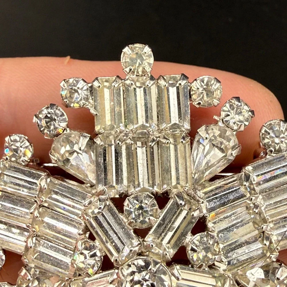 Vintage Kramer NY Brooch Snowflake Clear Rhinestone Baguette Pear Statement